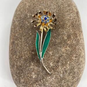 Vintage Enameled Flower Floral Brooch Green‎ Blue Gold Tone Costume Jewelry